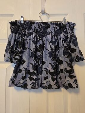 Free People Black and Light Blue Smocked Floral Blouse